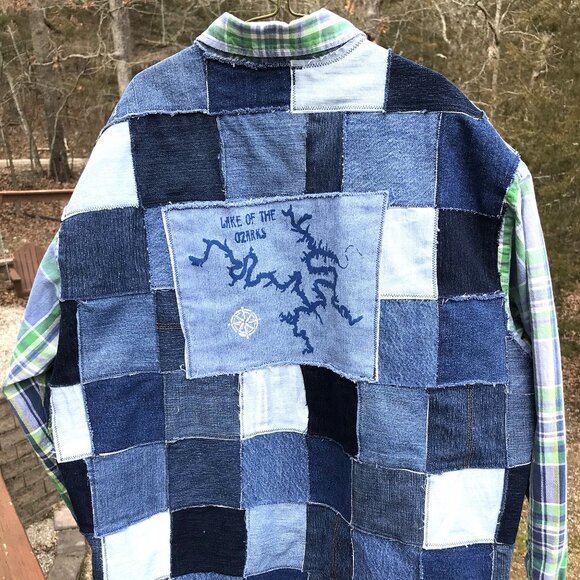 Upcycled Patchwork Jean Jacket, Men's XL: Lake of the Ozarks Denim Patch Shirt - Picture 12 of 14